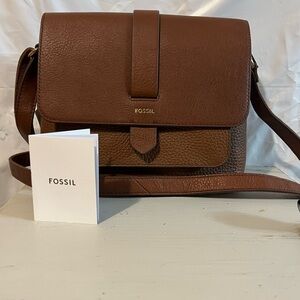 Fossil Kinley Brown Leather Crossbody Bag Small Zip & Flap Purse NWT
